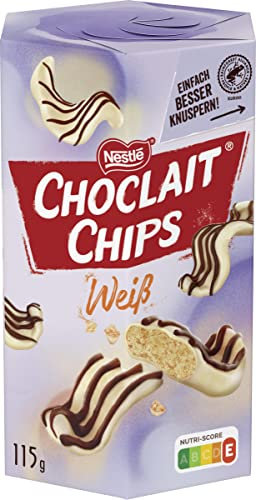 Nestlé CHOCLAIT CHIPS Weiß, Leckere Knusperchips mit Mandelgeschmack, umhüllt mit weißer Schokolade und verfeinert mit Milchschokolade-Dekorstreifen, 10er Pack (1 x 115g)