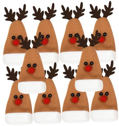 TOGEVAL Lot de 10 Pochettes à Couverts De Noël 14x6 Cm en Tissu Marron Chapeau Renne, Housses Légères pour Couverts, Décoration Festive De Table pour Repas De Fête