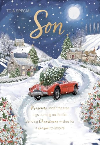 Noel Tatt Weihnachtskarte für Sohn, einzeln – Weihnachtskarten mit Oldtimer-Winterszene und speziellen Oberflächen – umweltfreundliche Weihnachtskarten mit Umschlag