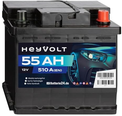 HeyVolt Autobatterie 12V 55Ah 510A Hochleistungs-Blei-Säure-Batterie, Langlebig, Kompatibel mit PKW