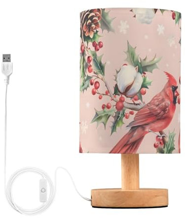 Mnsruu Lampe de chevet Cardinalbird flocon de neige baies branche de pin rose lampe de chevet LED lampe de bureau abat-jour en tissu petite lampe pour chambre à coucher salon (ampoule incluse)