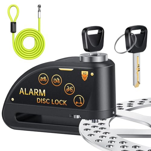 YBLNTEK Candado de disco de freno para motocicleta con alarma de 120 dB, USB recargable, con cable de recordatorio de 1,8 m, antirrobo para moto, bicicleta y scooter