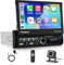 Rimoody Autoradio 1 Din Senza Fili Carplay Android Auto, con 7 Pollici IPS Schermo Retrattile Elettrico con Android Auto Bluetooth Mirror Link FM/EQ/USB/AUX/SD/U-Disk Telecamera Posteriore Microfono