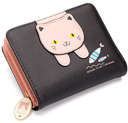 Jesustree Portafoglio Donna Piccolo in Pelle PU, Portamonete Gatto Carino con Cerniera e Tanti Scomparti, Piccola Corto Portamonete Regali per Ragazze, Donne (Nero)