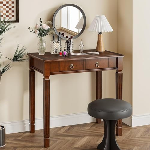 PADMA HOUSE Scrivania vintage in legno con 2 cassetti, piccola scrivania per computer, ampia 80 cm, tavolo da studio per casa e ufficio, piccolo tavolo segretario in ciliegio scuro