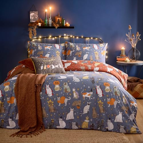 furn. Halloween Pawty Bettwäsche Set (Mehrfarbig - Super King) | Wendbar Lustig Gruselig Katze Party Pflegeleicht Baumwollmischgewebe Bettwäsche
