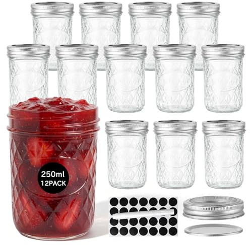 OAMCEG 12 Stück Einmachgläser mit Deckel, Marmeladengläser 250ml,Mason Jar | Schraubgläser, Vielseitige Meal Prep, Mason Jar Gläser, Overnight Oats Gläser für Honig Marmelade, Caviar, DIY, Küche