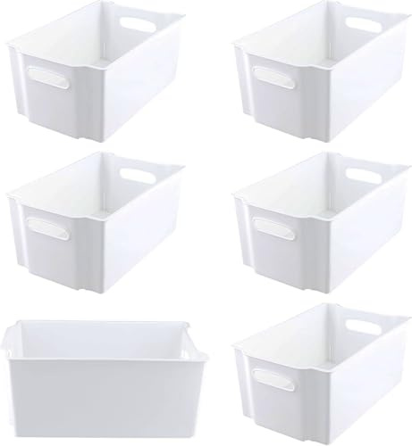 SINJEUN 6 Pack White Cupboard Storage Boxes, Stackable Plastic Storage Baskets with Handles, Kitchen Storage Box Organisers for Kitchen, Bathroom, Cleaning Organisation, 32×20.5×11cm