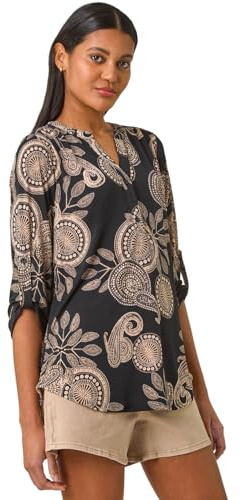 Roman Shirt for Women UK Ladies Top Collarless Blouse Stretchy Tunic Smart Casual Autumn Winter Jersey 3/4 Length Sleeve Notch V Neck Flattering Office Work - Paisley Black - Size 18