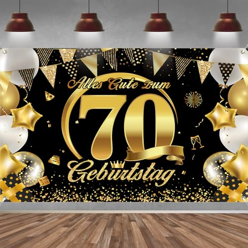 70. Geburtstag Banner Frauen Männer Deko Schwarz Gold 70 Geburtstag Hintergrund Banner, Extra Große Stoff Schild Poster für 70. Geburtstagsparty Deko, 210x150 cm