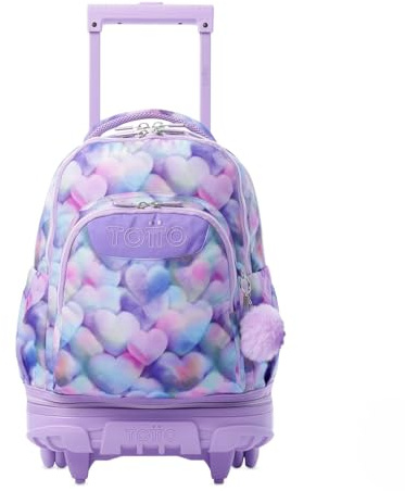 TOTTO - Mochila Escolar con Ruedas Desmontables, Modelo Tiza, Capacidad 26 L, Mochila PC 15.4, Bolsillo Botella, Manija Telescópica, Espaldar Ergonómico y Correas en S, Estampado Kory Morado