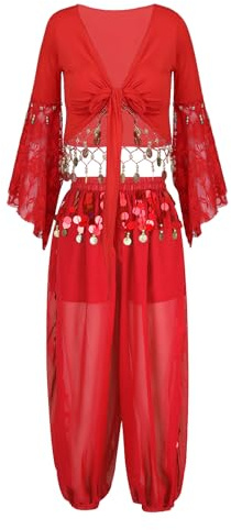 Sinleey Damen Ensemble Outfit Orientalischer Tanz Bauchtanz Kostüm Glitzer Glänzend Auftritt Tanzbekleidung LXL