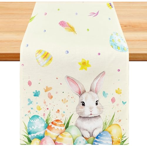 Tischläufer Ostern Hasen, Osterdeko Tischläufer Ostereierr, 30 x 180 cm Tischdeko Ostern Tischläufer, Modern Ostertischläufer, Frühling Küche Esstisch Dekoration für drinnen draußen Urlaub Party Deko