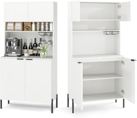 KOMFOTTEU Mobile Buffet con Stazione di Ricarica, Portabicchieri, Vetrina, Credenza Cucina con Ripiani Regolabili, Mobiletto Multiuso per Sala da Pranzo, Soggiorno, 80x40x164cm(In 2 Pacchi) (Bianco)