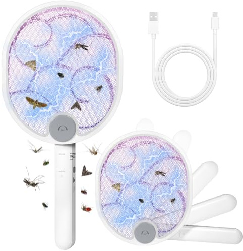 GQBVPN Raqueta Mosquitos Eléctrico Plegable 3400V, Raqueta Matamoscas Electrica 2 en 1, Matamosquitos Eléctrico Portátil 3 Capas Malla de Seguridad para Uso en Interiores, Dormitorio, Cocina
