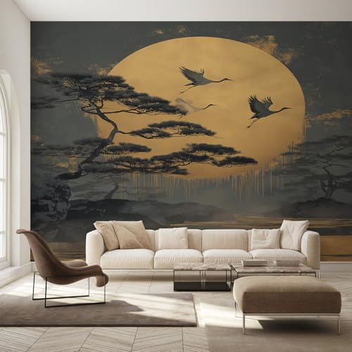 Non-Woven Japanese Cranes Wallpaper - Oriental Asian Chinese Wall Mural for Bedroom, Living Room Background Decoration, Home Decor Photo Wall Paper 350x256 cm (WxH)