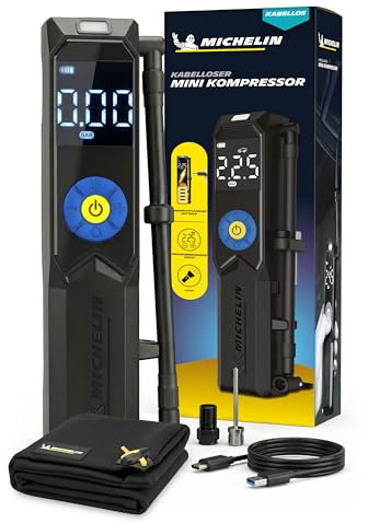 MICHELIN Air Power Mini 2 Li-Ionen Akku Mini-Kompressor kabellos 9,9 bar | Elektrische Luftpumpe 9,9 bar mit Digitaldisplay, Auto-Stopp & LED für Auto, Fahrrad, E-Bike & Motorrad
