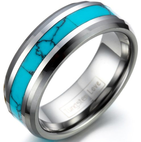 JewelryWe Schmuck Wolframcarbid Herren-Ring Synthetische Türkis Inlay 8mm Bandring Eheringe Verlobungsringe Größe 61