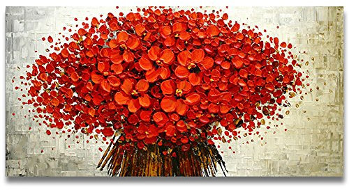 Orlco Arte Pittura a Olio, ciliegio Rosso Fiore di ciliegio e Albero Blu, Dipinto a Mano, Pittura Astratta di Grande Formato, Pittura a Olio Decorativa su Tela, Tela, Fiori Rossi, 24 x 48 Pollici