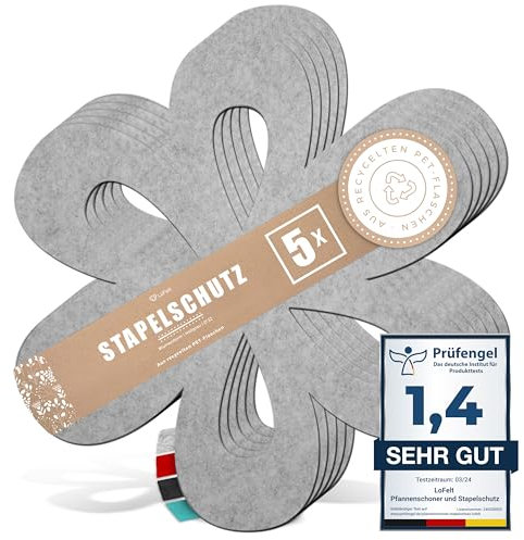 LoFelt® Pfannenschoner & Stapelschutz für Pfannen, Töpfe, Schüsseln und noch mehr Küchenutensilien - 5 Stück in L Ø 32cm - Pfannenschutz Topfschutz aus Filz in Hellgrau - Blumenform
