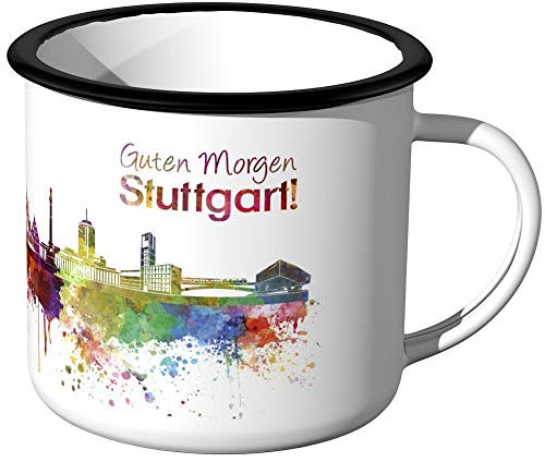 JUNIWORDS Emaille-Tasse, Guten Morgen Stuttgart, Skyline Aquarell, Schwarzer Tassenrand