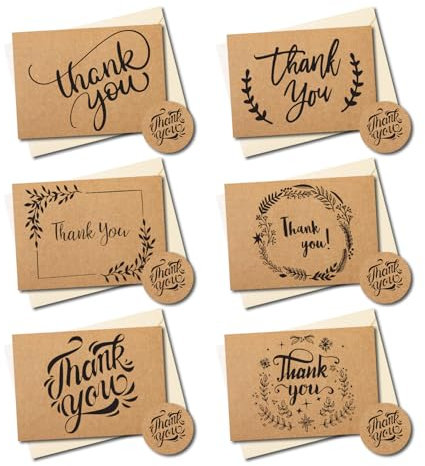 PALAAKK 36 Pack thank you cards multipack with envelopes, Thank you notes for Kids,Weddings,Graduation, 36 Cream paper envelopes and 36 brown kraft cards with 40 thank you stickers