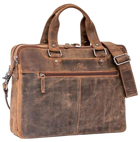 ALMADIH Leder Businesstasche Herren Aktentasche - 15 Zoll Laptoptasche mit 2 Hauptfächer - Leder Umhängetasche Unitasche DIN A4 Dokumente Arbeitstasche Schultertasche Kofferschlaufe Damen braun