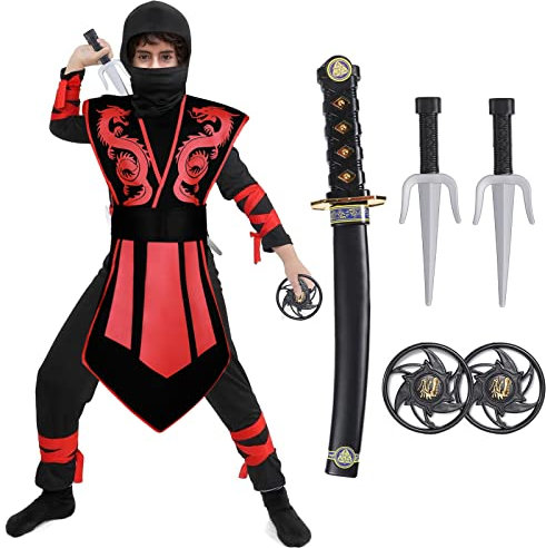 Tacobear Déguisement Ninja Costume Enfant Garçon Rouge Noir Fancy Dress Ninja Costume Déguisements Halloween Carnival Noel pour Enfant 3-12 Ans (5-7 ans)