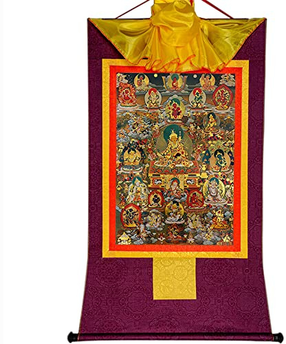 Gandhanra Thangka Tibetische Wandbehang,Guru Rinpoche und die Gottheiten des Reichtums Thangka,Heißgeprägter Buddha Wandteppich für Zen Wohnkultur, Meditation, Spirituelle Entspannung und Ruhe