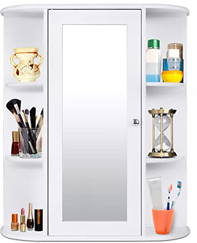 GOPLUS Armoire Murale pour Salle de Bain avec Grande Espace de Stockage, Porte avec Miroir, Matériaux Ecologiques, Plusieurs Tablettes de Différentes Tailles (60 x 17 x 70cm, Blanc)