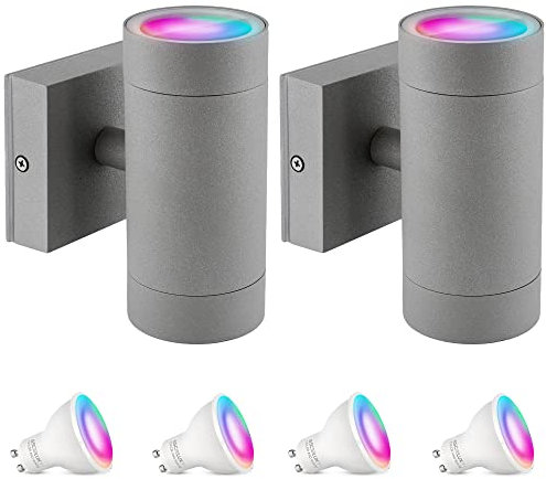 SSC-LUXon 2er Set Aussen Wandlampe anthrazit IP54 inkl. 4x Smart Home WiFi RGB GU10 LEDs - Up Down Wandleuchte Steuerung per App & Sprache