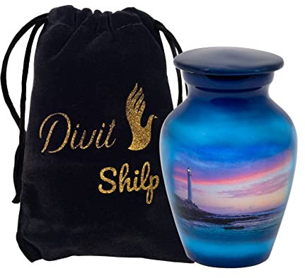 Divit Shilp Kleine Andenken-Feuerbestattungs-Urne mit Einer Samttasche | Eine Auswahl von Farben | Benutzbares Mini-Symbolgefäß aus Metall für Menschenasche. (Keepsake, Hummingbird Lighthouse)