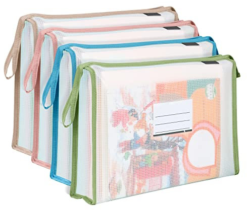 4 Stück Dokumententasche A4,Dokumentenmappe mit Reißverschluss,Kunststoff Umschlag Mappe für Zuhause, Schule, Büro (4 Farben)