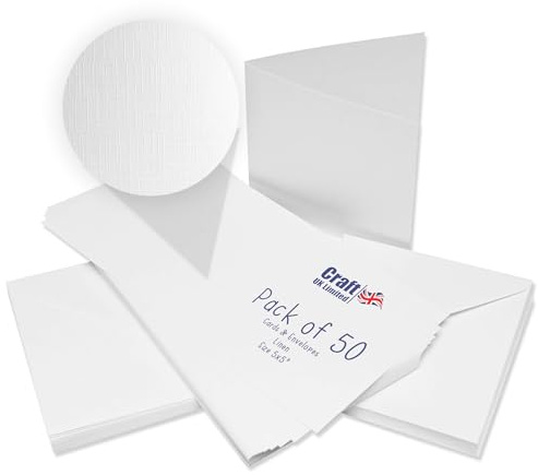 Craft UK 2381 Leinen-Karten mit Umschlag, 12,7 x 12,7 cm, Weiß, Leinen, 300 g/m², 50 Stück 5x5