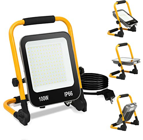 Tubiaz LED Baustrahler, 100W LED tragbares Flutlicht mit abnehmbarem Ständer, Baulampe 10000LM Baustellen Strahler 6000K Kaltweiß, IP66 Wasserdicht für Autoreparatur(3M Kabel)