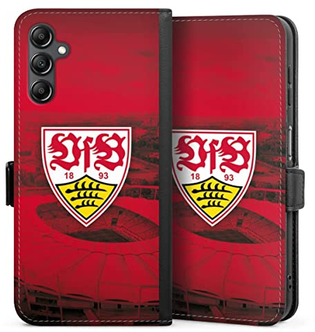 Klapphülle kompatibel mit Samsung Galaxy A 14 5G Handyhülle aus Kunst Leder schwarz Flip Case VfB Stuttgart Stadion Offizielles Lizenzprodukt