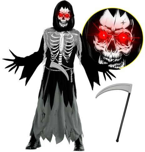 Morph Costume Halloween Bambino - LED Zombie Mietitore Vestito Spaventoso per Bambini, Abito Morte per Halloween e Party, M