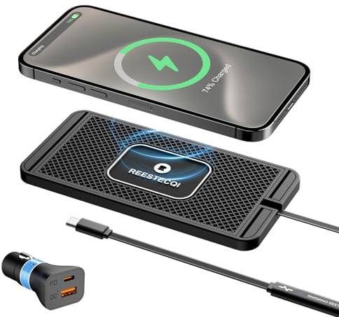 Wireless Car Charger Pad, REESTECQI 15W Non Slip Wireless Charging Pad for Car with 40W Type C Car Charger for Airpods iPhone 16/15/14/13/12/11 Samsung Google (30CM Cable)
