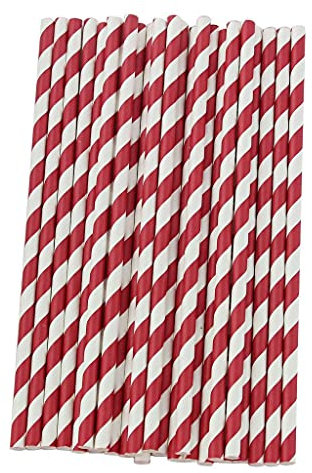 Lot de 25 pailles en papier rayées pour bricolage - Grande couleur rouge - Rouge et blanc - Biodégradables - 19,1 cm