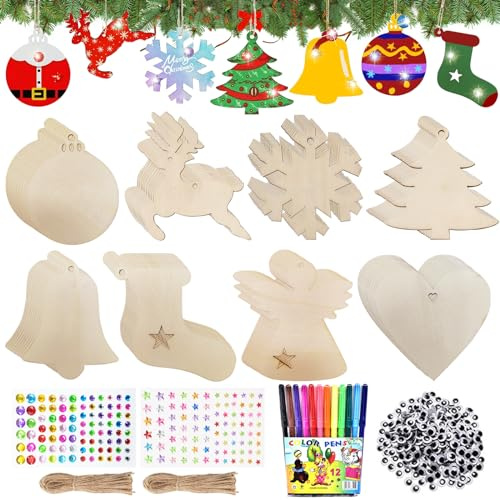 Colgante de madera para decoración de Navidad, 80 Piezas Colgantes de decoración navideña de madera, Adornos para árboles de Navidad de madera, Manualidades de Navidad, Adornos navideños colgar