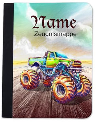 Zeugnismappe mit Name | Zeugnismappe personalisiert | mit Klarsichthüllen A4 + | Urkundenmappe | personalisierte Dokumentenmappe mit Platz für U-Heft, Impfpass, Schwimmpass, Fahrradpass (Monstertruck)