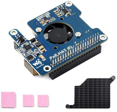 PoE HAT (F) for Raspberry Pi 5 / CM5, 802.3af/at Compliant, High Power Output, Active Cooling Fan, Metal Heatsink, 5V/12V Header, Stackable Design