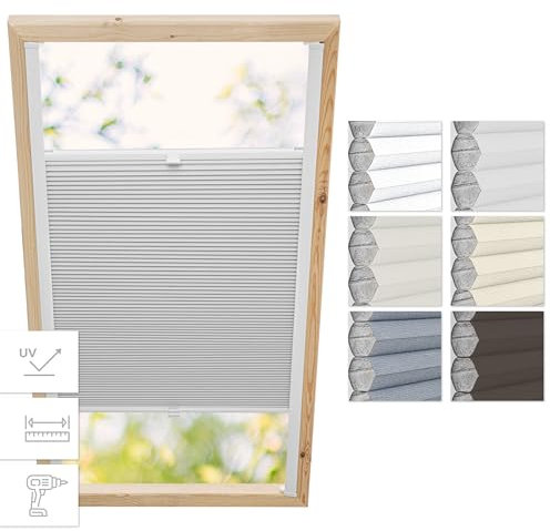 Estika Dachfenster Wabenplissee mit Bohren für Fakro Fenster - Modell: 114/118 - Stofffarbe: Waben Hellgrau-Weiß - Dachfenster Rollo, Fensterrollo innen, Fenster plissee