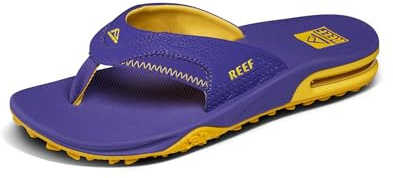 Reef Fanning Pregame Mens Bottle Opener Flip Flop, Arch Support, Durable Outsole, Water Friendly, Purple/Gold, 10