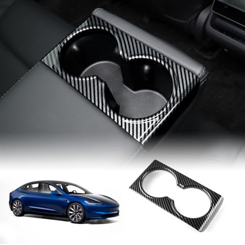KUNGKIC Car Central Control Panel Rear Row Water Cup Frame Drink Holder Indoor Decorative Sticker for 2024 Tesla Model 3 Highland Accessories, ABS, Carbon Fibre Pattern