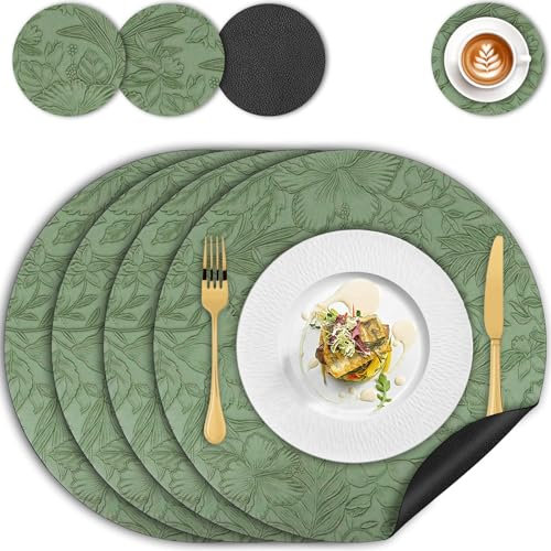 Tischsets Abwaschbar Leder und Untersetzer, Blumen Platzset Rund 34cm 4er Set Doppelseitigen Rutschfest Platzdeckchen, Kunstleder Tischset Platzsets Abwischbar für Hause Küche Restaurant(Grün Schwarz)