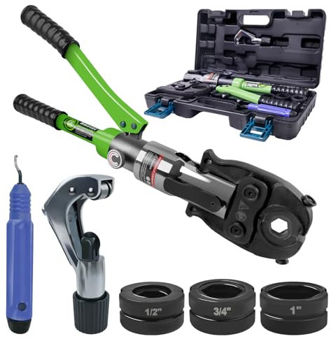 Copper Tube Fittings Hydraulic Copper Pipe Crimping Tool with 1/2 inch,3/4 inch and 1 inch Jaws Copper Pipe Press Crimpers Pressing Pliers,Suit for Narrow Space and Tee Fittings(HT-1930green-2)