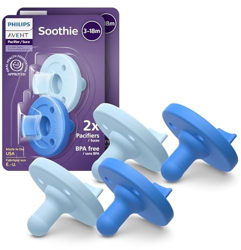 Philips Avent Soothie Baby Pacifiers - 100% Silicone Pacifiers for Babies 3-18 Months, One-Piece Design, BPA-Free, Extra Durable, Sky Blue and Light Blue, 4 Pack, Model SCF192/71