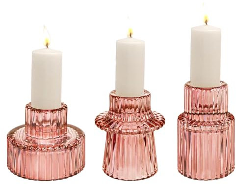 3er Windlicht Glas Set,2-in-1 Violett-rosa Teelichthalter Kerzenständer,Kerzenhalter Stabkerze Votivkerzenhalter für Deko Wohnzimmer,Teelicht Weihnachten Tischdeko,Hochzeitsessen,Partylite