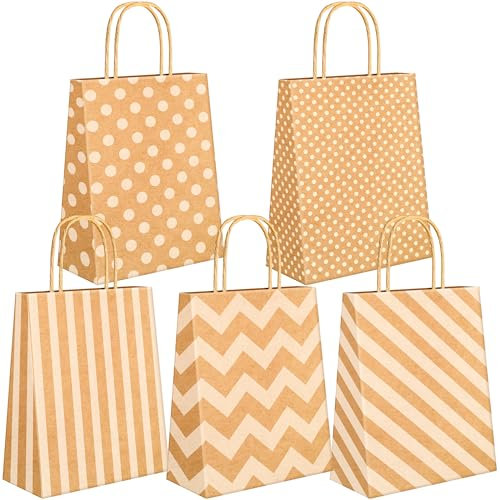 Gucass 30 Stück Braun Papiertüten mit Henkel, Geschenktüten Klein 15 x 8 x 21cm, Kraftpapier Tüten für Mitgebsel, Geschenktaschen Kindergeburtstag, Partys, Hochzeit, Weihnachten Geschenk